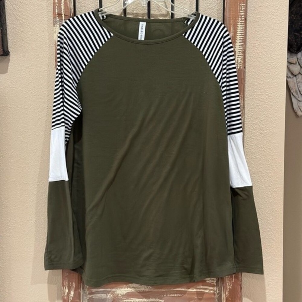 Tickled Teal Olive and Black Striped Sleeve Top